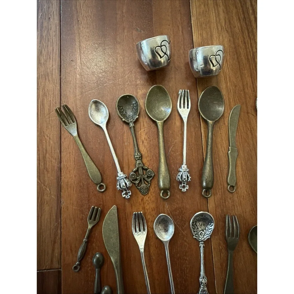 Tiny Silverware Teacup Charms Mixed Metals Fork Spoon Knife Ladle 22 Charms
